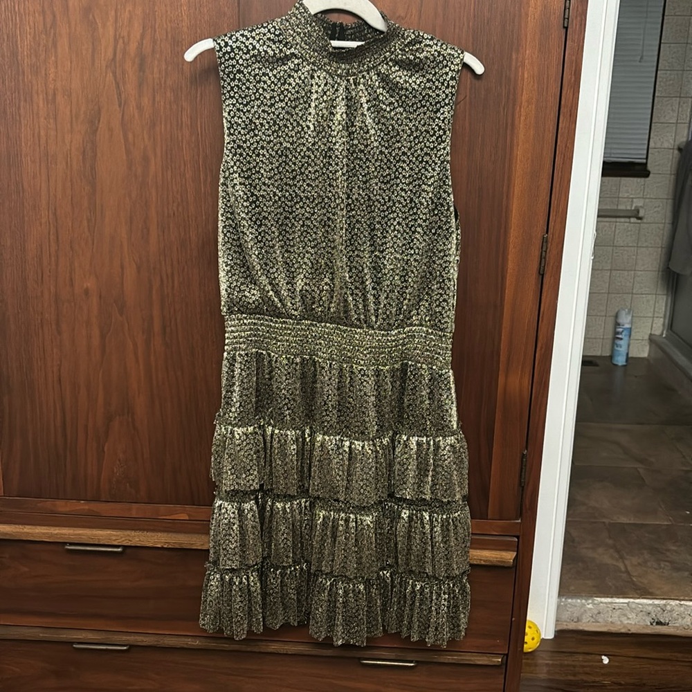 1 State dress in gold metallic with black